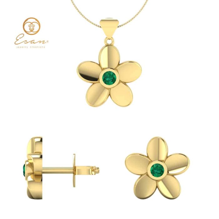 Set pandantiv si cercei din aur cu smarald model floral ESS1