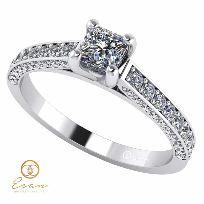 Inel de logodna din aur cu diamant patrat si diamante ES135