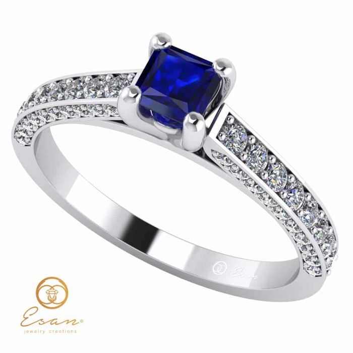 Inel de logodna din aur cu safir si diamante incolore ES135