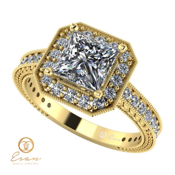 Inel din aur cu diamant patrat si diamante model vintage ES129