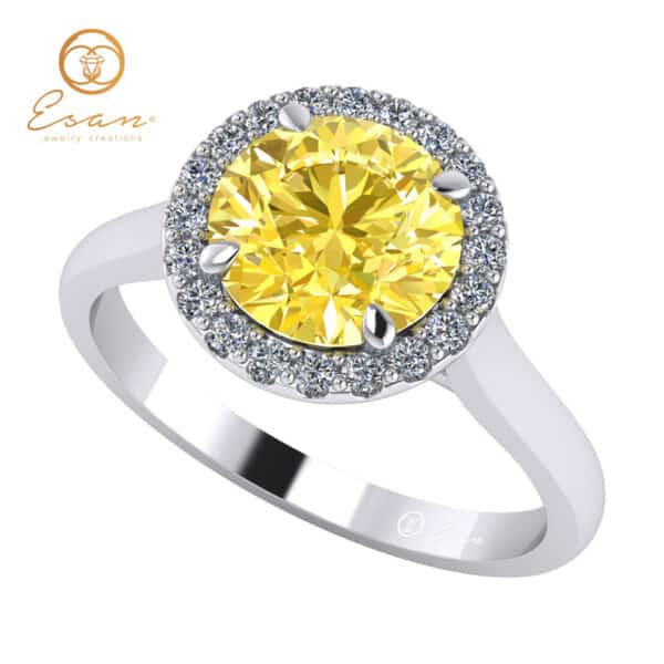 Inel din aur alb cu diamant galben si diamante ES151