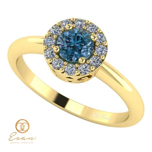 Inel de logodna din aur anturaj cu diamant albastru si diamante ES121