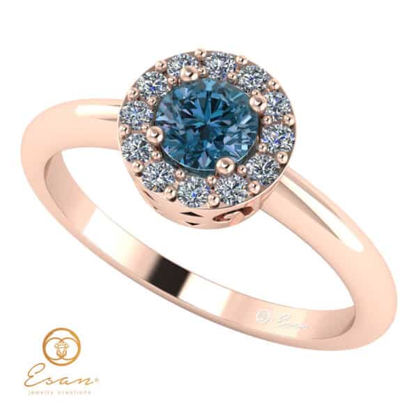 Inel de logodna din aur anturaj cu diamant albastru si diamante ES121