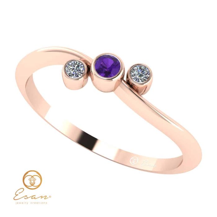 Inel de logodna din aur three stones cu ametist si diamante ES81