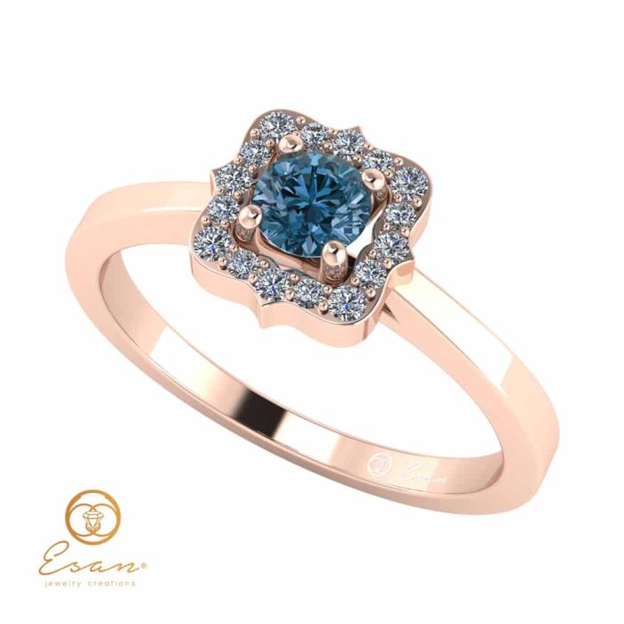 Inel de logodna din aur cu diamant albastru si diamante incolore ES77