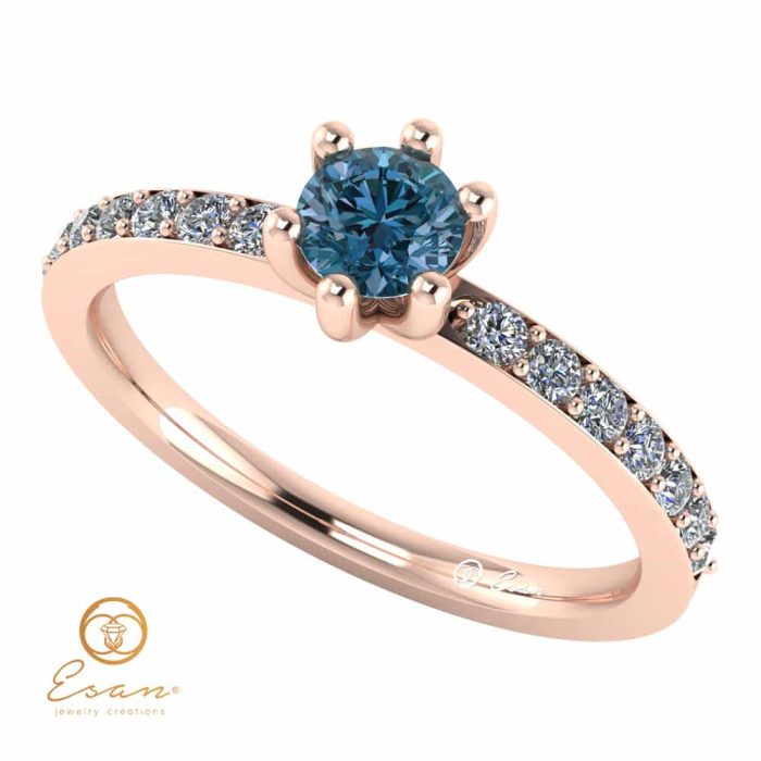 Inel de logodna din aur cu diamant albastru si diamante incolore ES118