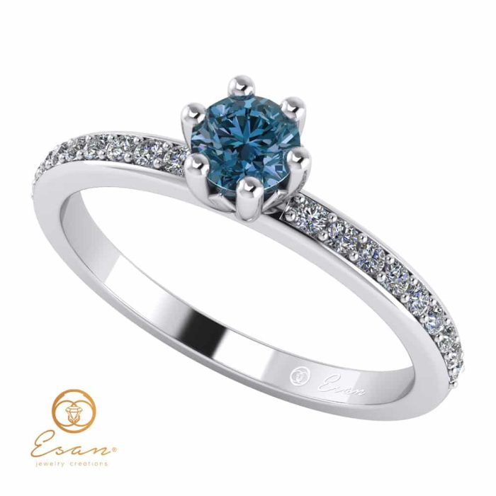Inel de logodna din aur cu diamant albastru si diamante incolore ES93