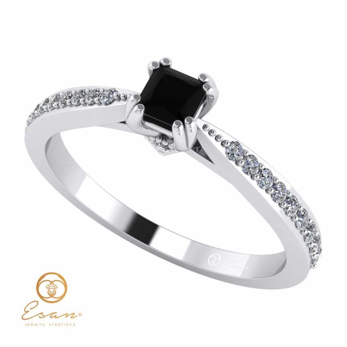 Inel din aur side stones cu diamant negru patrat si diamante incolore ES99