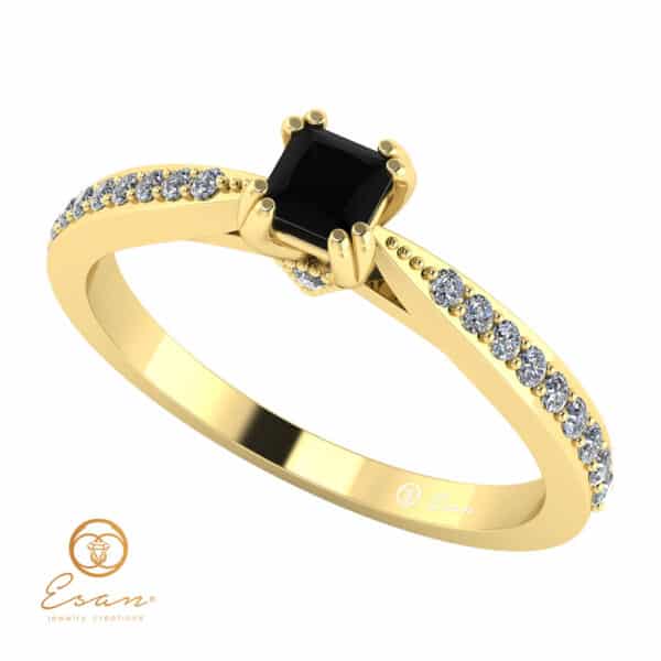Inel din aur side stones cu diamant negru patrat si diamante incolore ES99