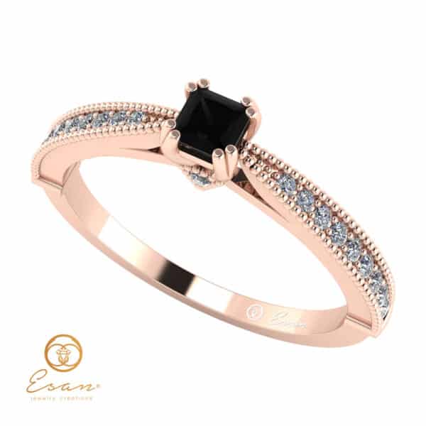 Inel de logodna din aur cu diamant negru si diamante incolore ES97
