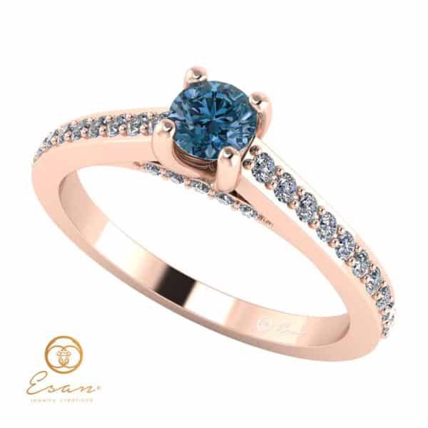 Inel de logodna din aur cu diamant albastru si diamante incolore ES112