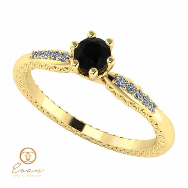 Inel de logodna din aur cu diamant negru si diamante incolore ES107
