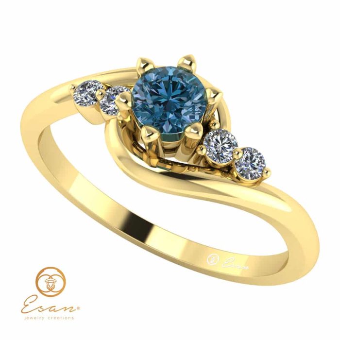 Inel din aur cu diamant albastru teal blue si diamante incolore ES108