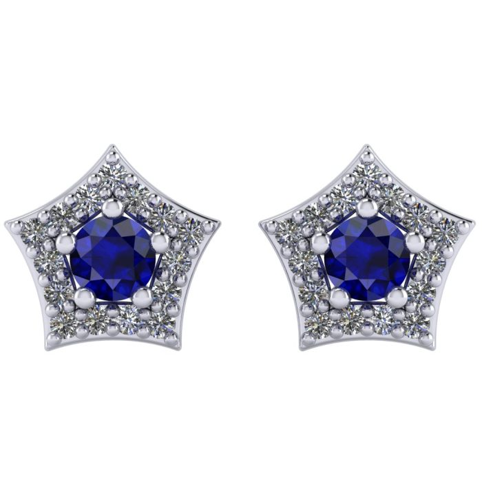 Cercei cu safir si diamante din aur alb model stea ESC29