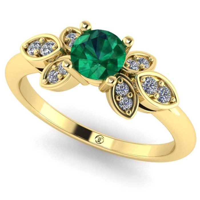 Inel logodna smarald rotund si diamante din aur roz floral ES239