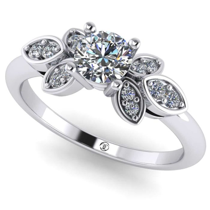 Inel logodna diamant rotund si diamante din aur floral ES239