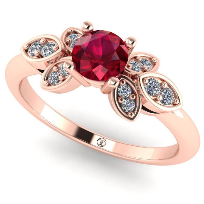 Inel logodna rubin rotund si diamante din aur roz floral ES239