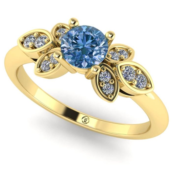 Inel logodna diamant albastru rotund si diamante din aur ES239