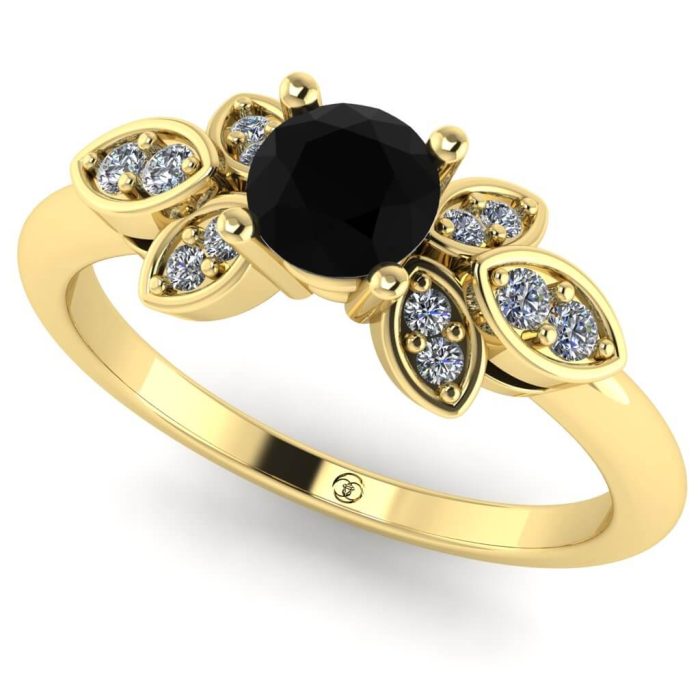 Inel logodna diamant negru rotund si diamante din aur floral ES239