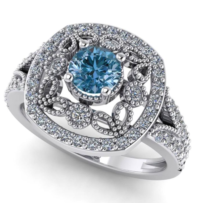 Inel logodna cu diamant albastru si diamante aur anturaj vintage ES242