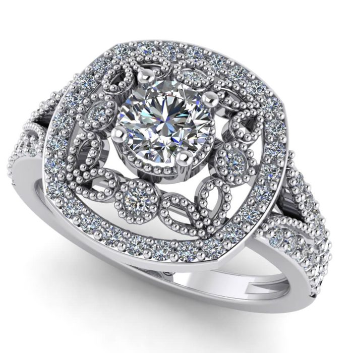 Inel logodna cu diamant si diamante din aur vintage floral ES242