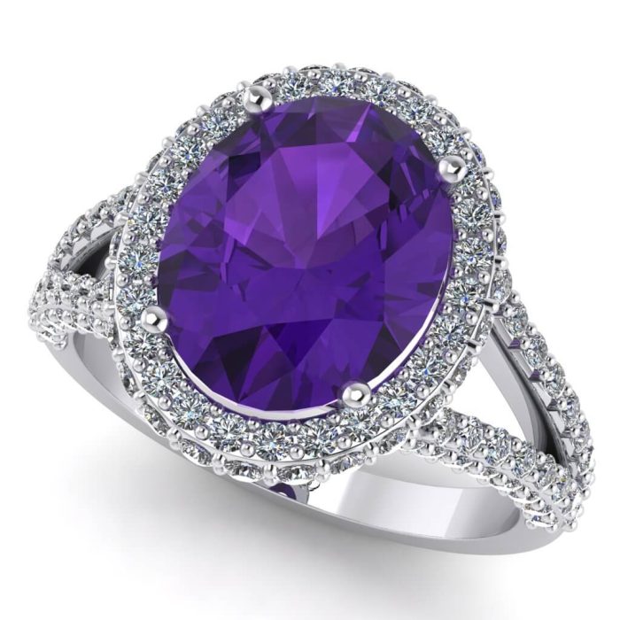 Inel din aur alb luxury cu ametist oval si diamante ES218