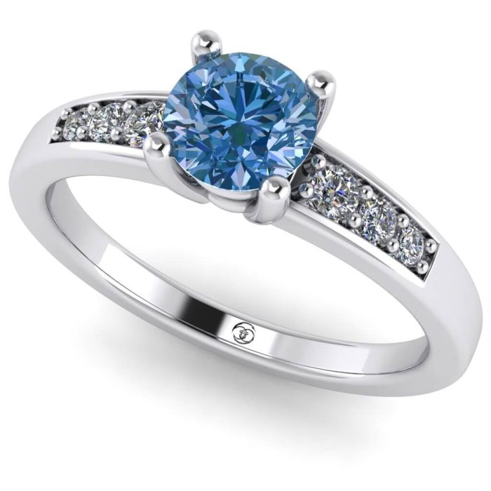 Inel logodna cu diamant albastru rotund si diamante din aur ES230