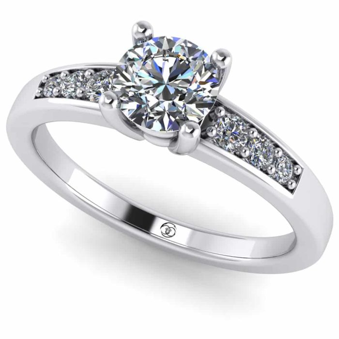Inel logodna cu diamant rotund si diamante din aur alb ES230