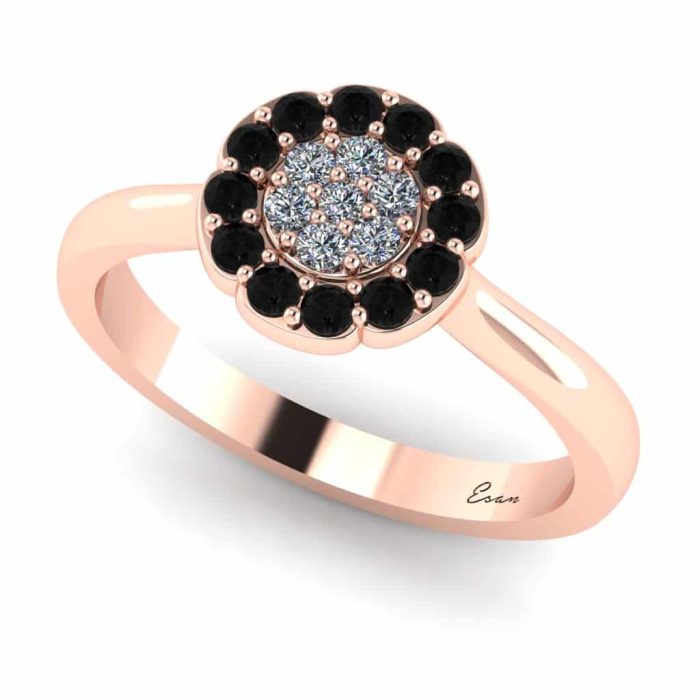 Inel cu diamante incolore si negre aur model floral ES193