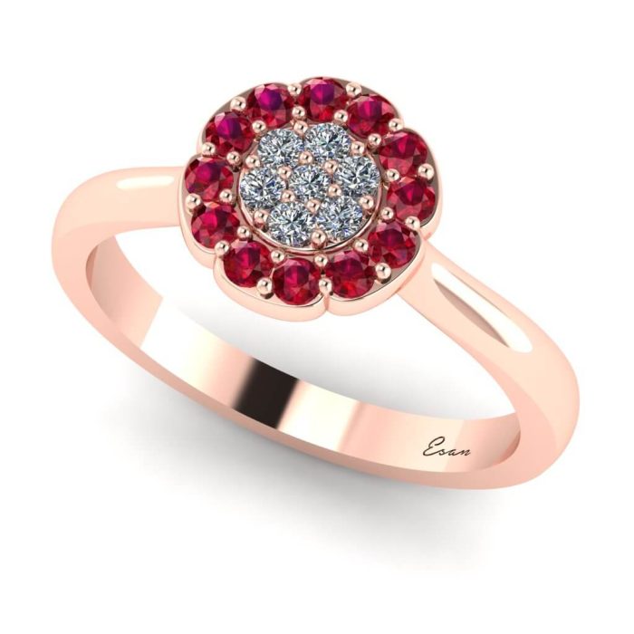 Inel cu diamante si rubine aur roz model floral ES193
