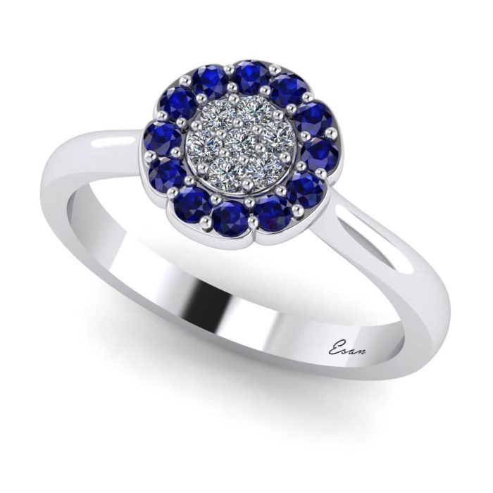 Inel cu diamante incolore si safire aur model floral ES193