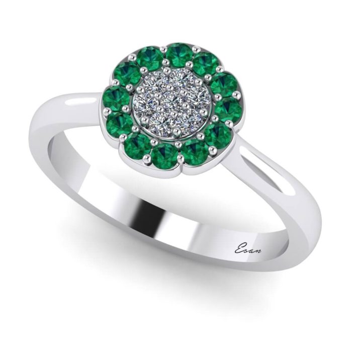 Inel cu diamante si smaralde aur alb model floral ES193