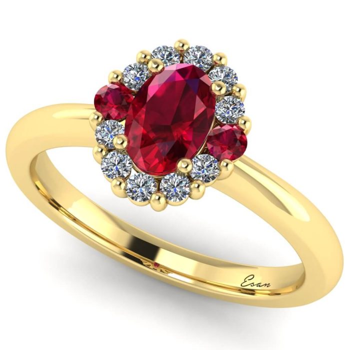 Inel logodna rubin oval si diamante aur galben anturaj ES195