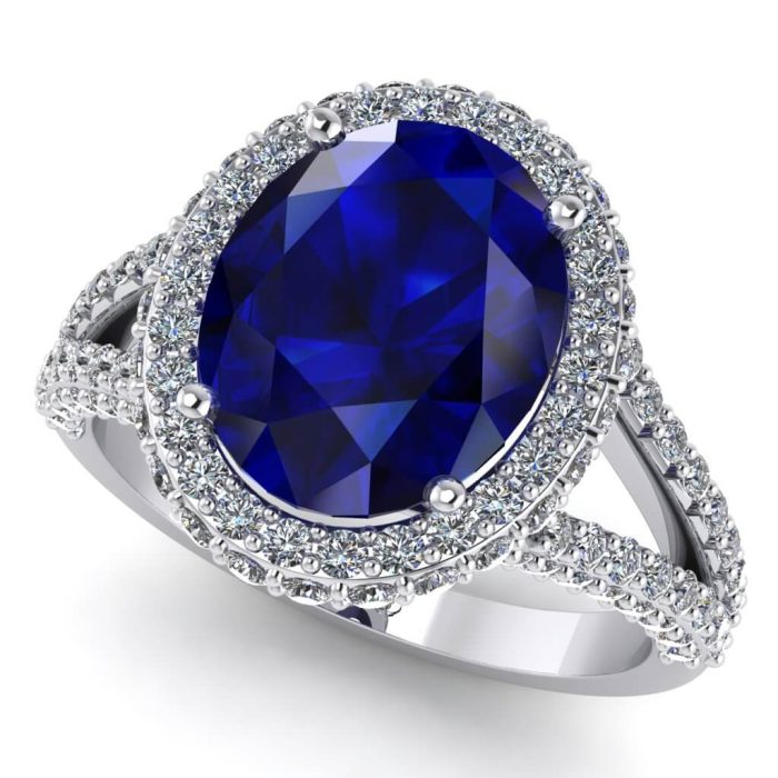 Inel din aur alb luxury cu safir oval si diamante ES218