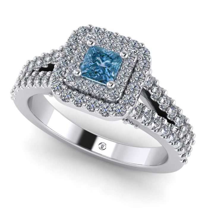 Inel cu diamant albastru patrat si diamante din aur anturaj ES247