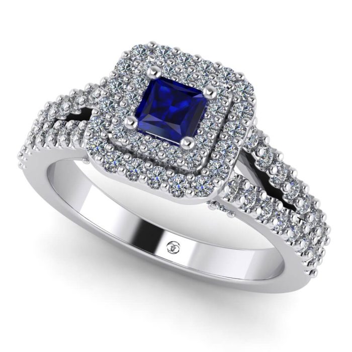 Inel cu safir patrat si diamante din aur anturaj pave ES247