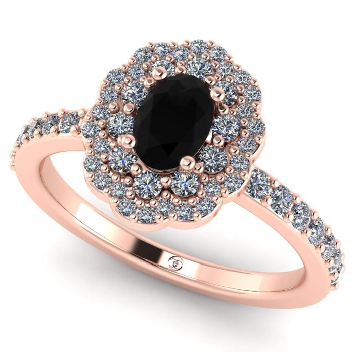 Inel logodna cu diamant negru oval si diamante aur anturaj ES250