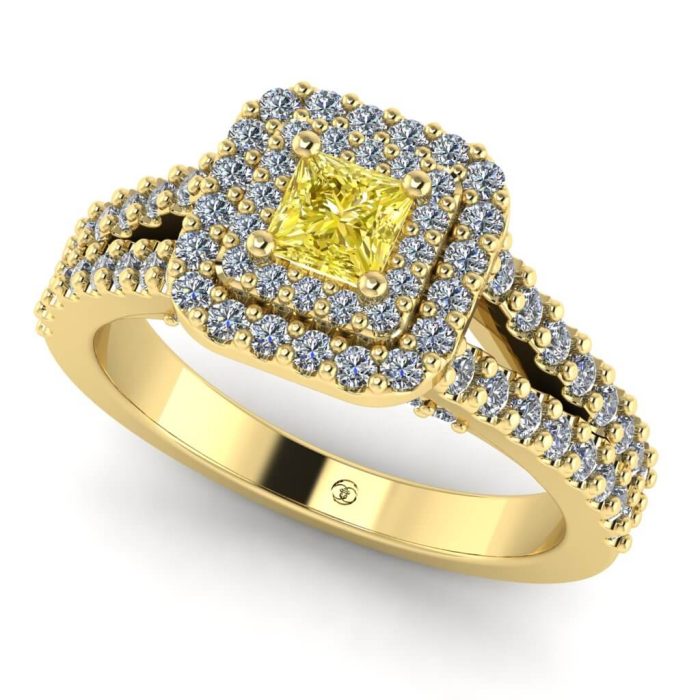 Inel cu diamant galben patrat si diamante din aur anturaj pave ES247