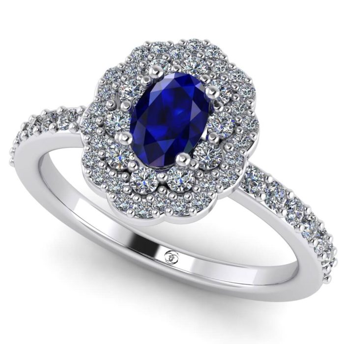 Inel logodna cu safir oval si diamante aur anturaj ES250