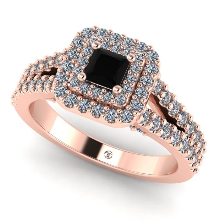 Inel cu diamant negru patrat si diamante din aur anturaj ES247