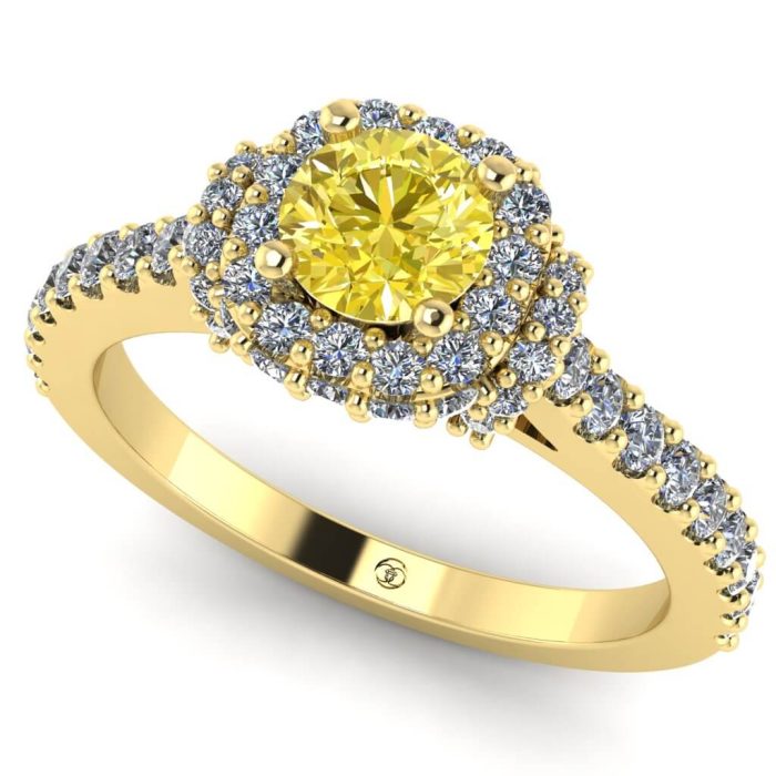 Inel logodna diamant galben si diamante din aur anturaj ES249