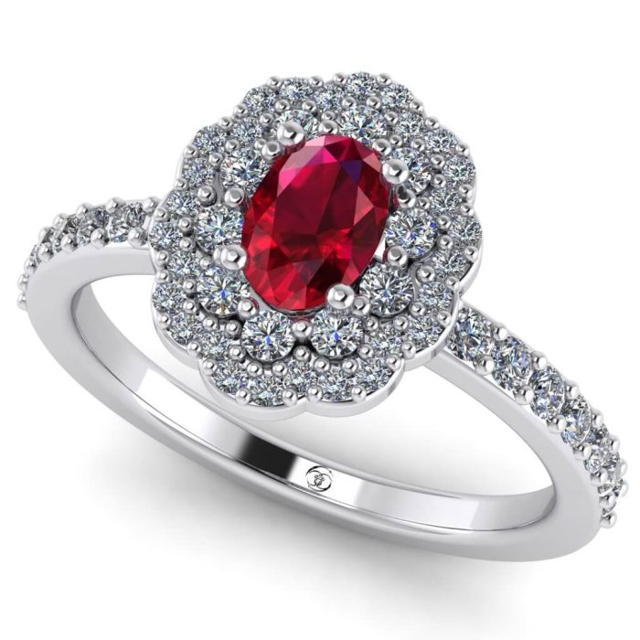 Inel logodna cu rubin oval si diamante aur anturaj ES250