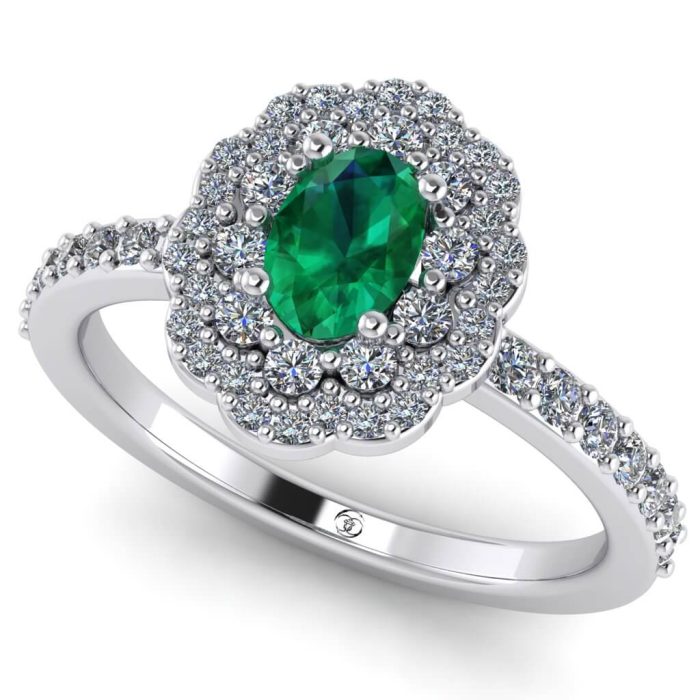 Inel logodna cu smarald oval si diamante aur anturaj ES250