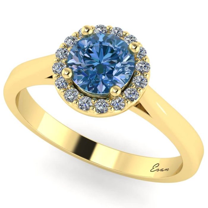 Inel logodna cu diamant albastru si diamante aur anturaj ES200