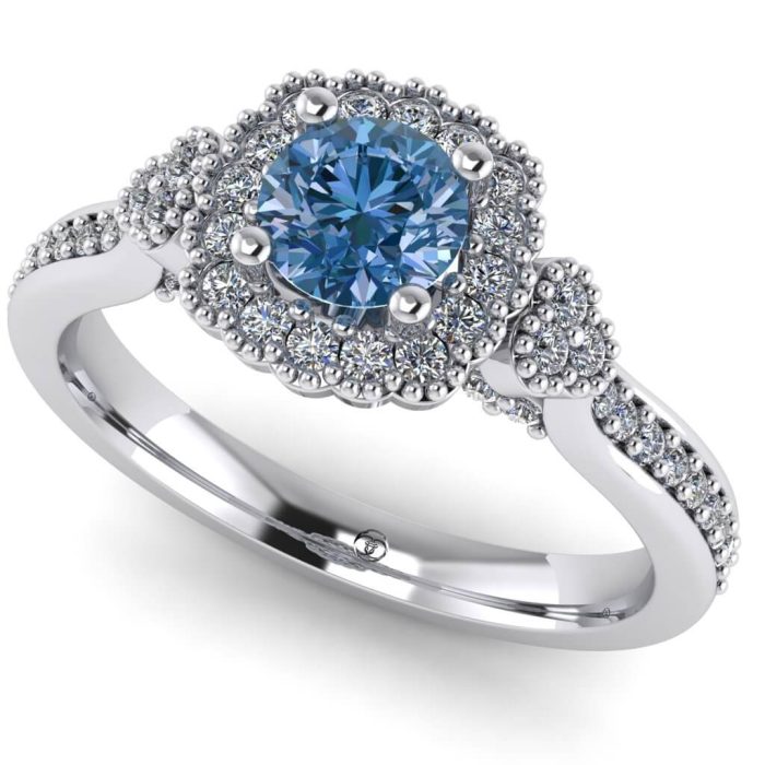 Inel logodna diamant albastru si diamante aur ES244