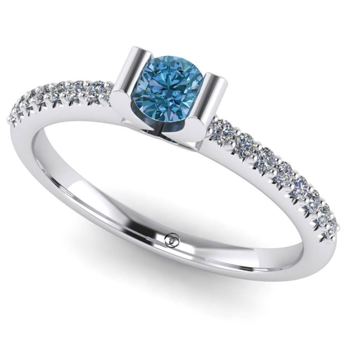 Inel logodna diamant albastru si diamante aur alb ES207
