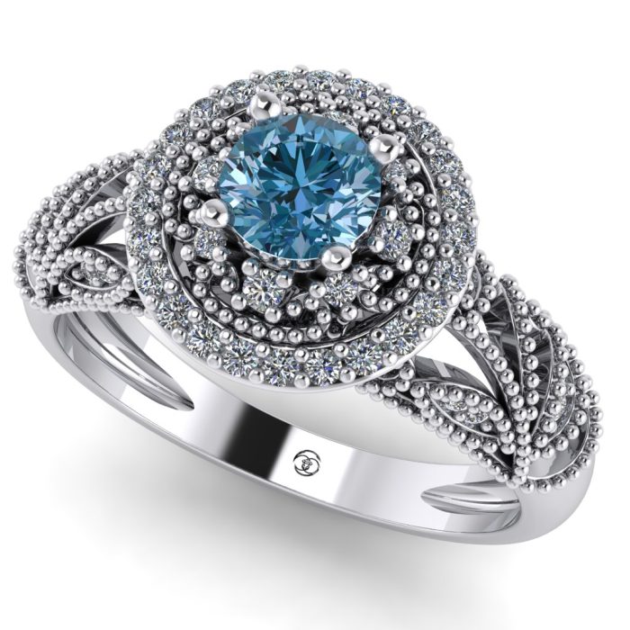 Inel logodna diamant albastru si diamante aur alb vintage ES243