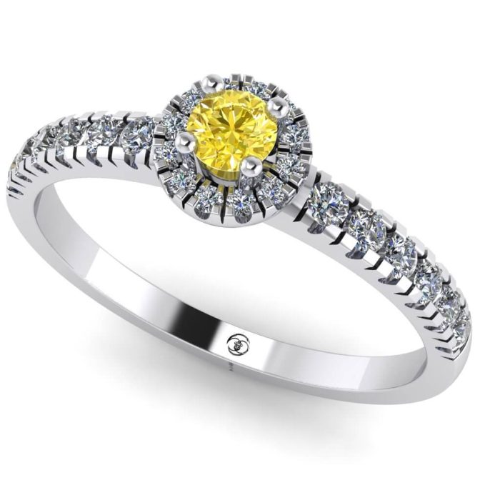 Inel logodna cu diamant galben si diamante aur anturaj ES206