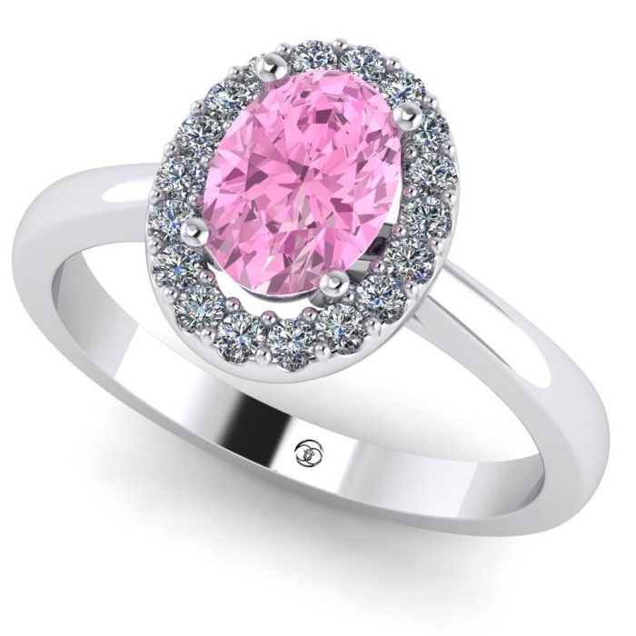 Inel din aur cu safir roz oval si diamante anturaj clasic ES222