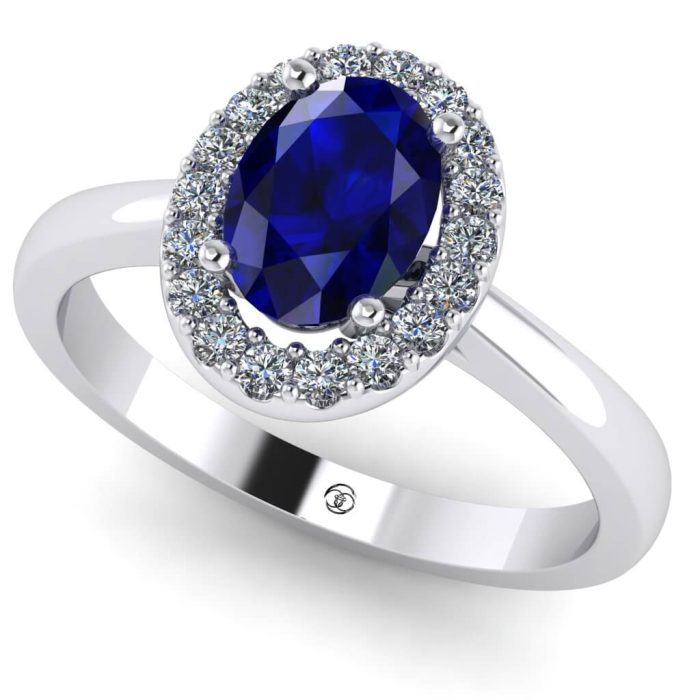 Inel din aur cu safir oval si diamante anturaj clasic ES222